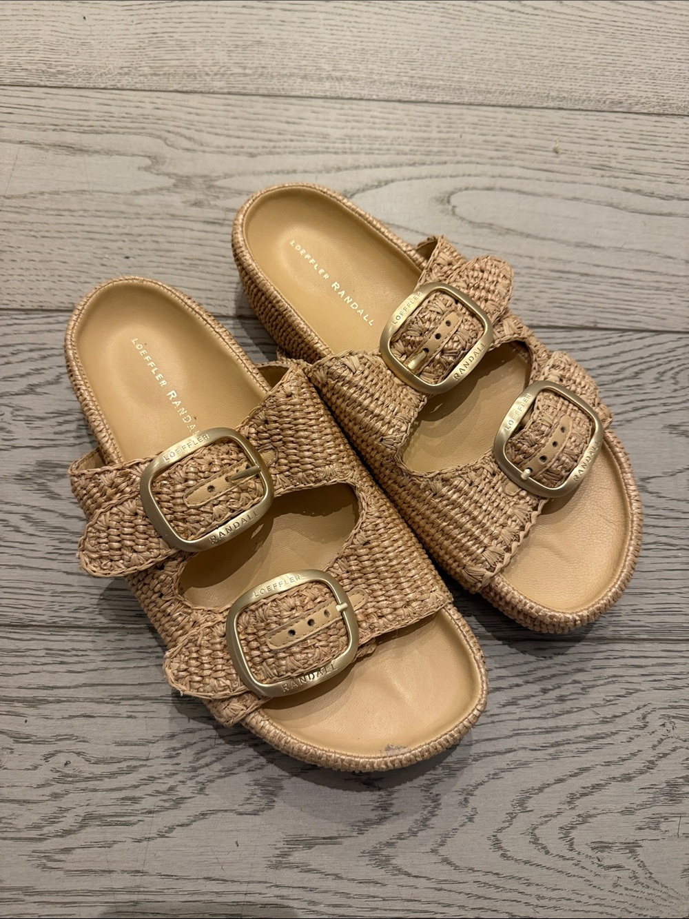 Loeffler Randall Women Raffe Natural Tan Woven Double-Buckle Sandals - 10.5
